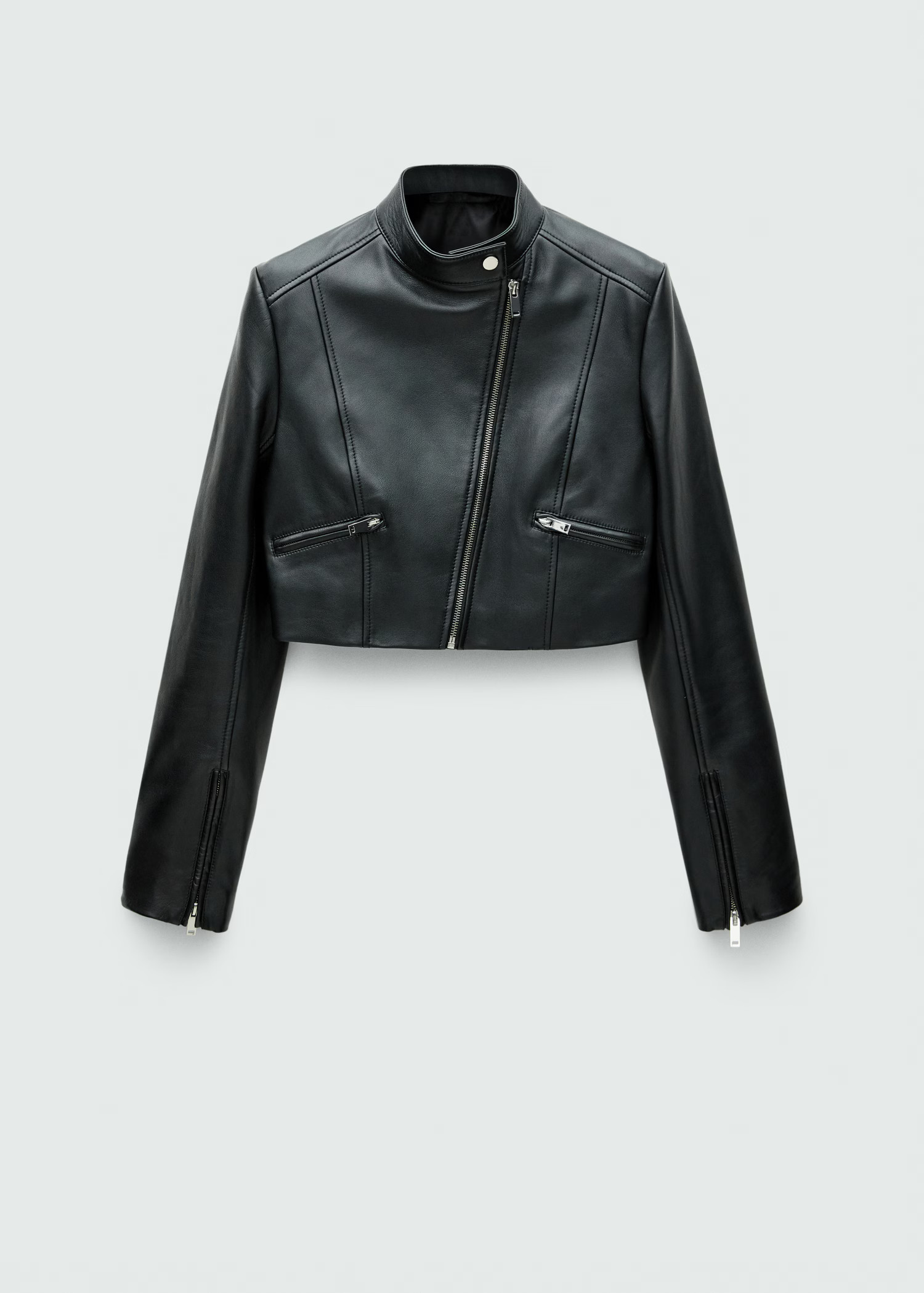 Blouson biker cuir crop - Femme | MANGO France métropolitaine | Mango EU