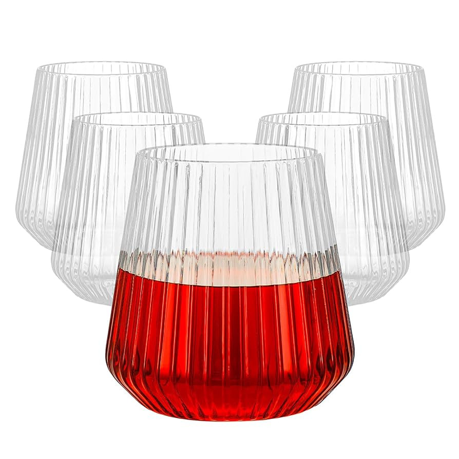 36 Pcs 12 oz Plastic Clear Ribbed Wine Glasses, Reusable Champagne Glasses Elegant Whiskey Glasse... | Amazon (US)