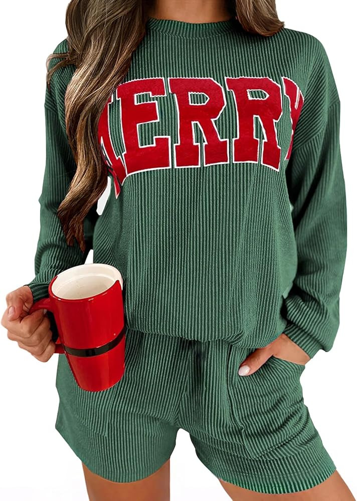 miduo Womens 2 Piece Sets Ribbed Textured Knit Long Sleeve Shirts and Shorts Matching Lounge Set ... | Amazon (US)