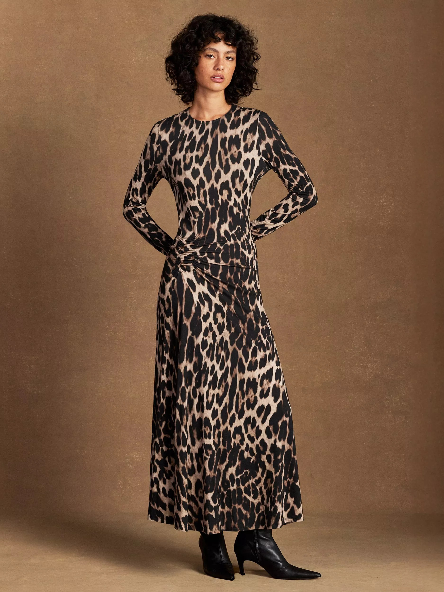 Ro&Zo Leopard Print Ruched Maxi Dress, Brown | John Lewis (UK)