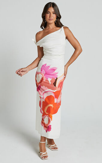 Khizza MIDI DRESS - OFF THE SHOULDER SIDE SPLIT COLUMN DRESS in Pink and Red Print | Showpo (US, UK & Europe)