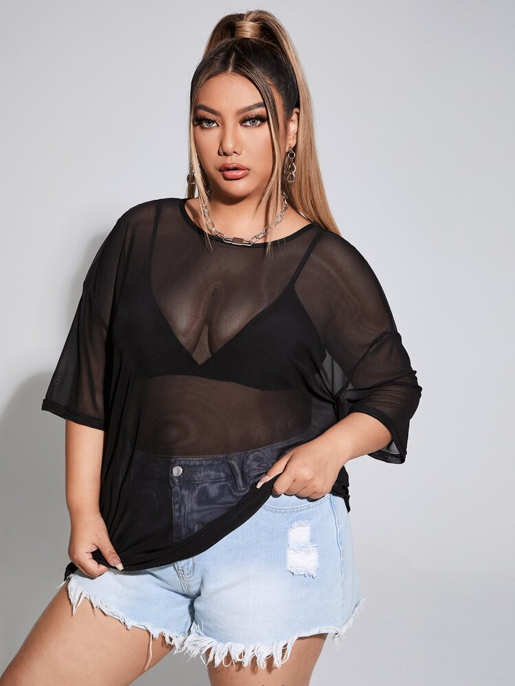 SHEIN Unity Plus Drop Shoulder See Through Mesh Top Without Bra | SHEIN