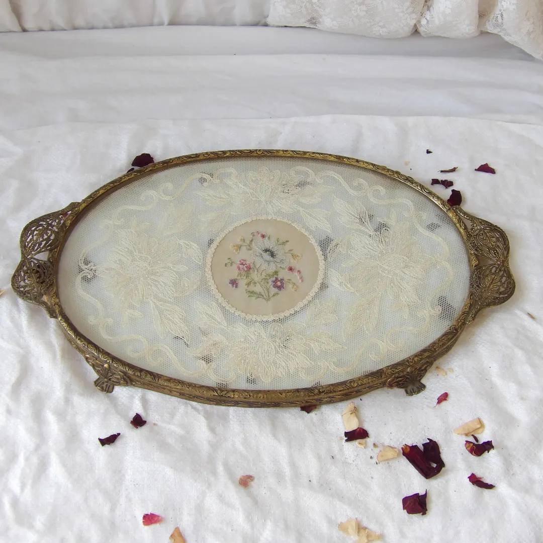 Vintage Embroidered Dressing Table Tray - Etsy | Etsy (US)