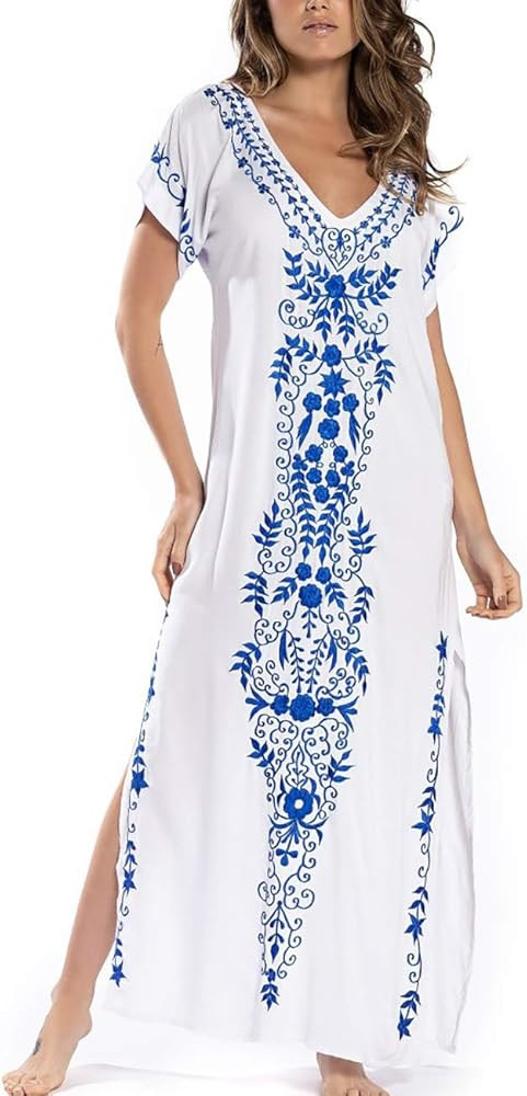 Bsubseach Swimsuit Cover Ups Embroidery V Neck Short Sleeve Swim Cover Up for Women Kaftan Dresse... | Amazon (US)