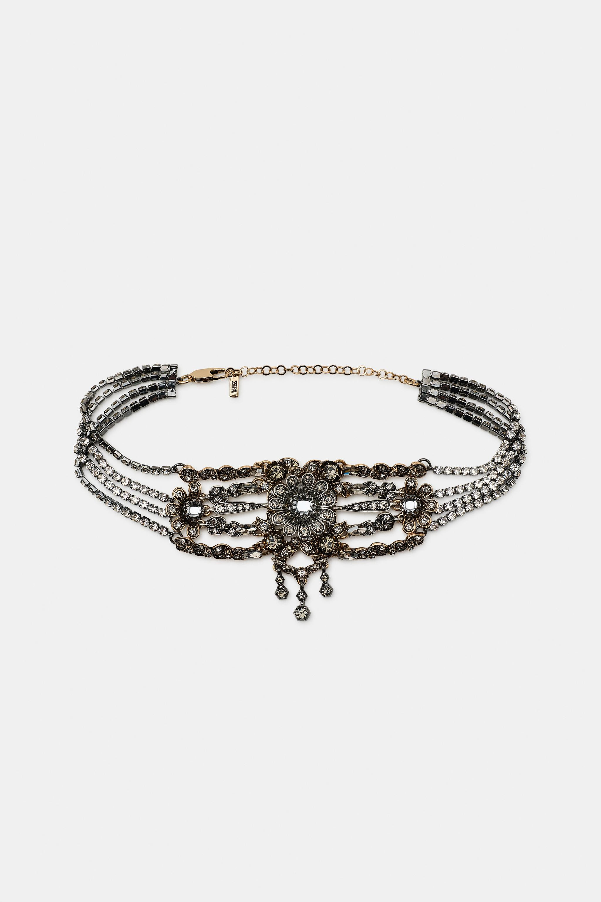 Metal choker necklace with contrasting flower and jewel appliqu\u00e9s. Lobster clasp fastening. | Zara UK