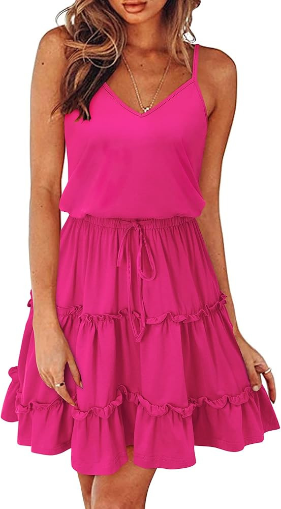 Newshows Women's 2024 Summer Dress Spaghetti Strap Casual Boho Beach Vacation Outfits Drawstring ... | Amazon (US)