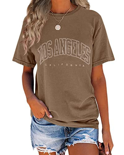 TAKEYAL Los Angeles Shirt for Women California Letter Printed Women Gym T Shirts Graphic Tees Short Sleeve Casual Tops (Letter Brown, S) | Amazon (US)