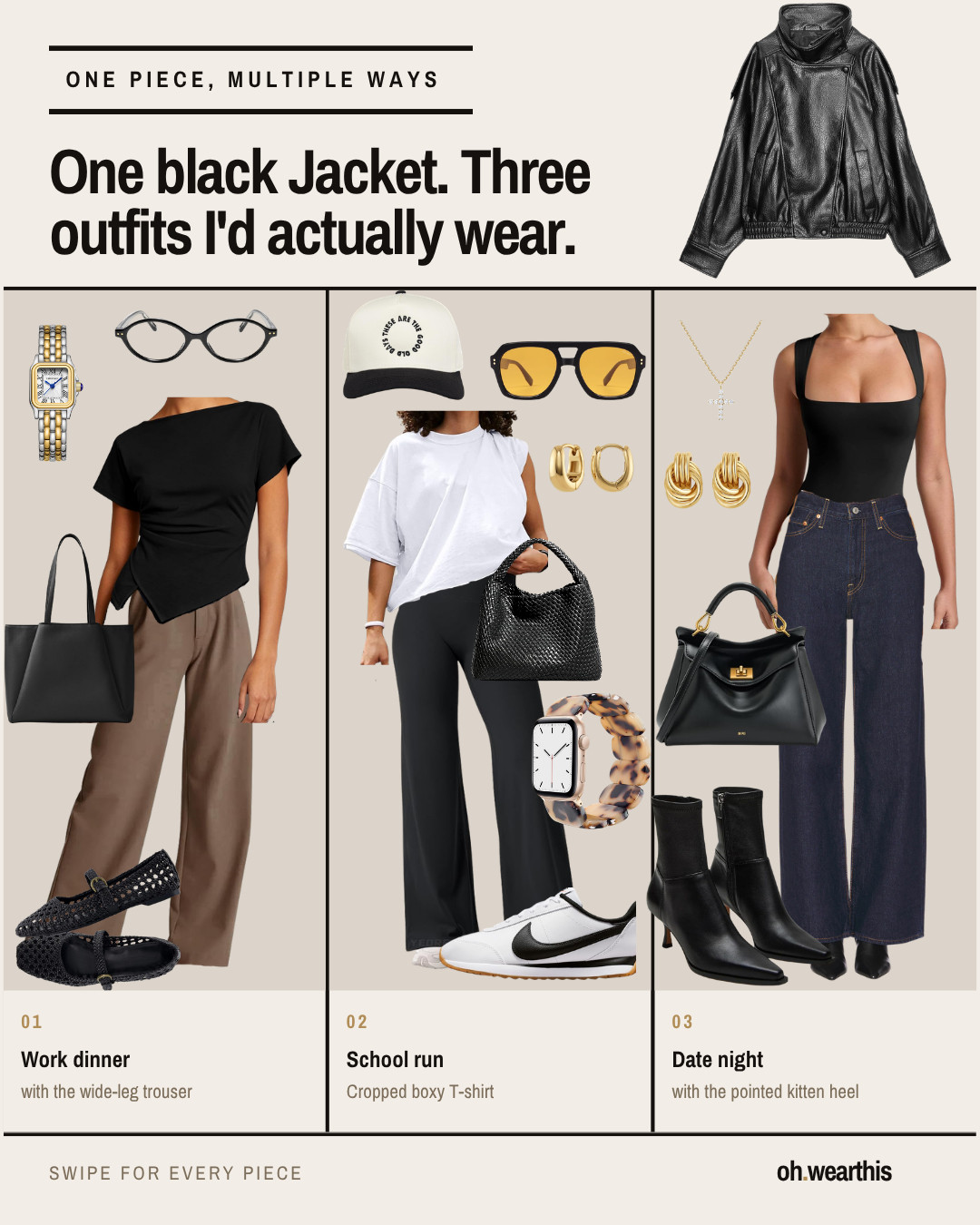 One black leather jacket, three completely different outfits. Work dinner, school run, date night — same jacket, and nobody would guess it's the same jacket.

Work dinner. Brown wide-leg trouser under it. Black and brown is the pairing most people avoid and it's the one that looks the most expensive — the warmth of the trouser stops the black from going severe. Woven flats keep it from tipping into "meeting," gold watch does the rest.

School run. Oversized white tee, black wide-leg knit pant, sneakers. This is the one that earns the jacket its money. Thrown over leggings-and-a-tee it takes five seconds and turns pickup into an outfit — the jacket is doing all the work while you're doing none.

Date night. Square-neck bodysuit, dark wide-leg denim, pointed boots. Clean lines under a slouchy jacket is the whole formula. The gold earrings are what make it look considered instead of just black.

The reason this jacket is worth buying: the funnel neck stands up on its own and the elasticated hem gives it that cropped blousy shape, so it works over a trouser, a legging and a jean equally. Most leather jackets only do one of the three.

Everything from all three looks is linked. I earn a commission when you shop these.

black leather jacket outfit · one jacket three ways · work outfit · school run outfit · date night outfit · wide leg trousers · fall capsule wardrobe · leather jacket styling 

 #LTKootd #LTKSeasonal #LTKSaleAlert