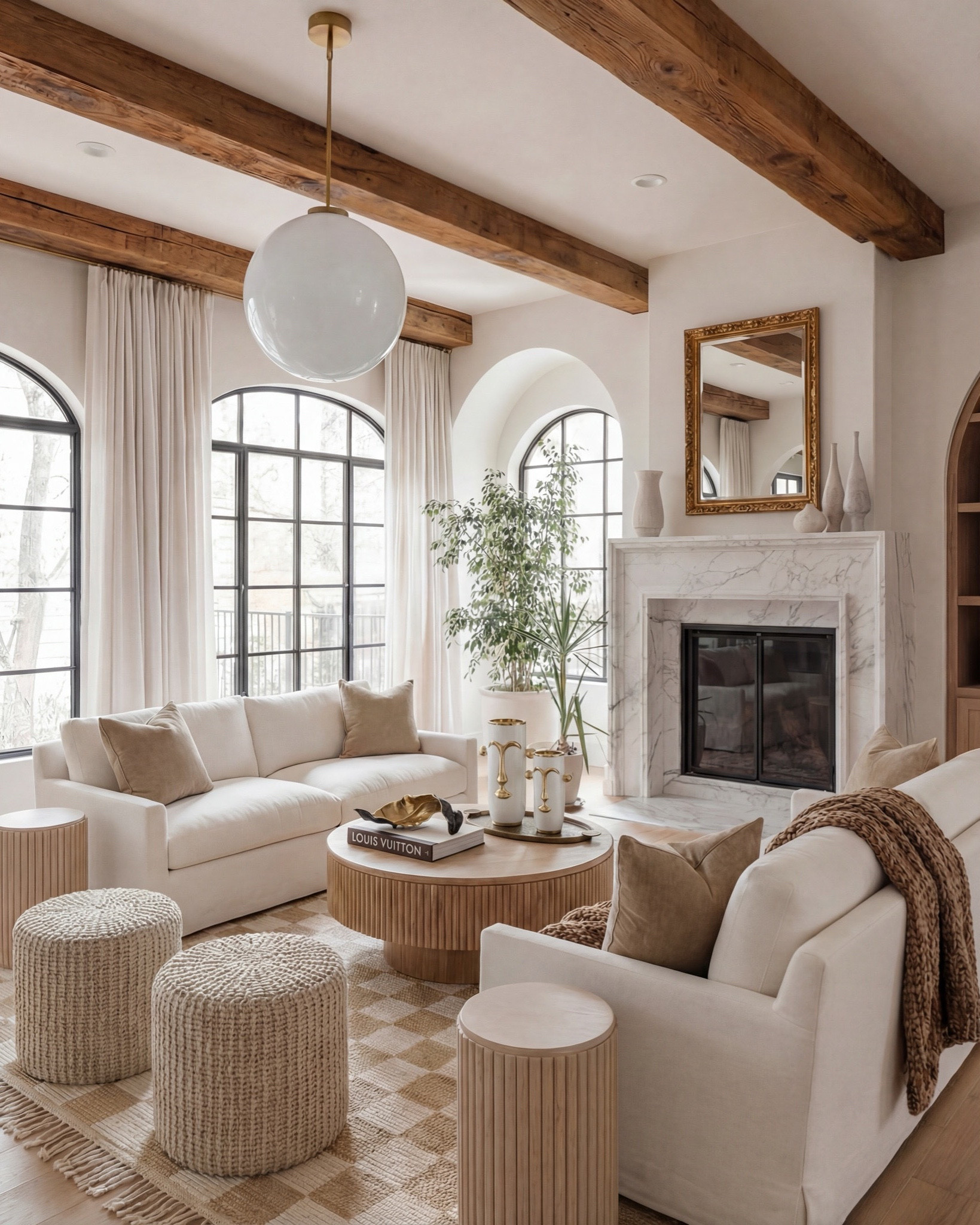 Shop the Look:
• Cream upholstered sofa
• Cream upholstered armchairs
• Round fluted wood coffee table
• Light wood side tables
• Neutral woven area rug (beige + ivory)
• Knitted pouf ottomans (natural tone)
• White globe pendant light with brass hardware
• Exposed wood ceiling beams
• Black arched window frames
• Sheer white curtain panels
• Marble fireplace surround
• Gold framed wall mirror (vintage style)
• Ceramic decorative vases (white + neutral)
• Brass decorative tray
• Sculptural brass bowl
• Coffee table books (fashion or design)
• Indoor potted tree (fiddle leaf fig or olive)
• Light wood flooring
• Neutral throw blanket (textured knit)

#LTKhome #LTKsale #LTKstyletip