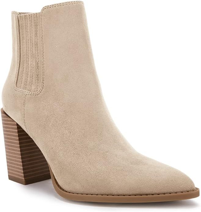 Ricristy Womens Booties Pointed Toe Stacked Heel Fashion Chelsea Ankle Boots | Amazon (US)