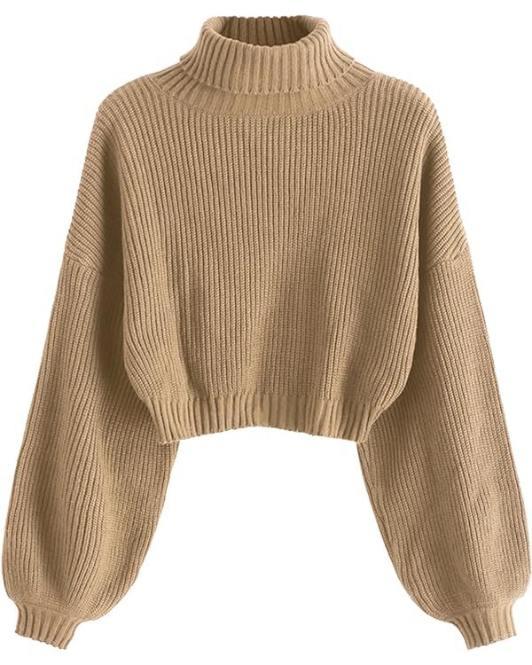 ZAFUL Women's Cropped Turtleneck Sweater Lantern Sleeve Ribbed Knit Pullover Sweater Jumper | Amazon (US)