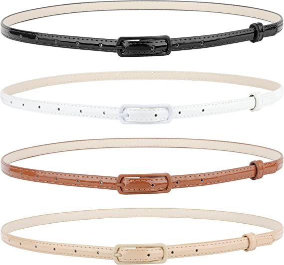 4 Pack Thin Belts for Women Skinny Leather Belts with Metal Buckle for Dresses Pants Jeans by SUO... | Amazon (US)