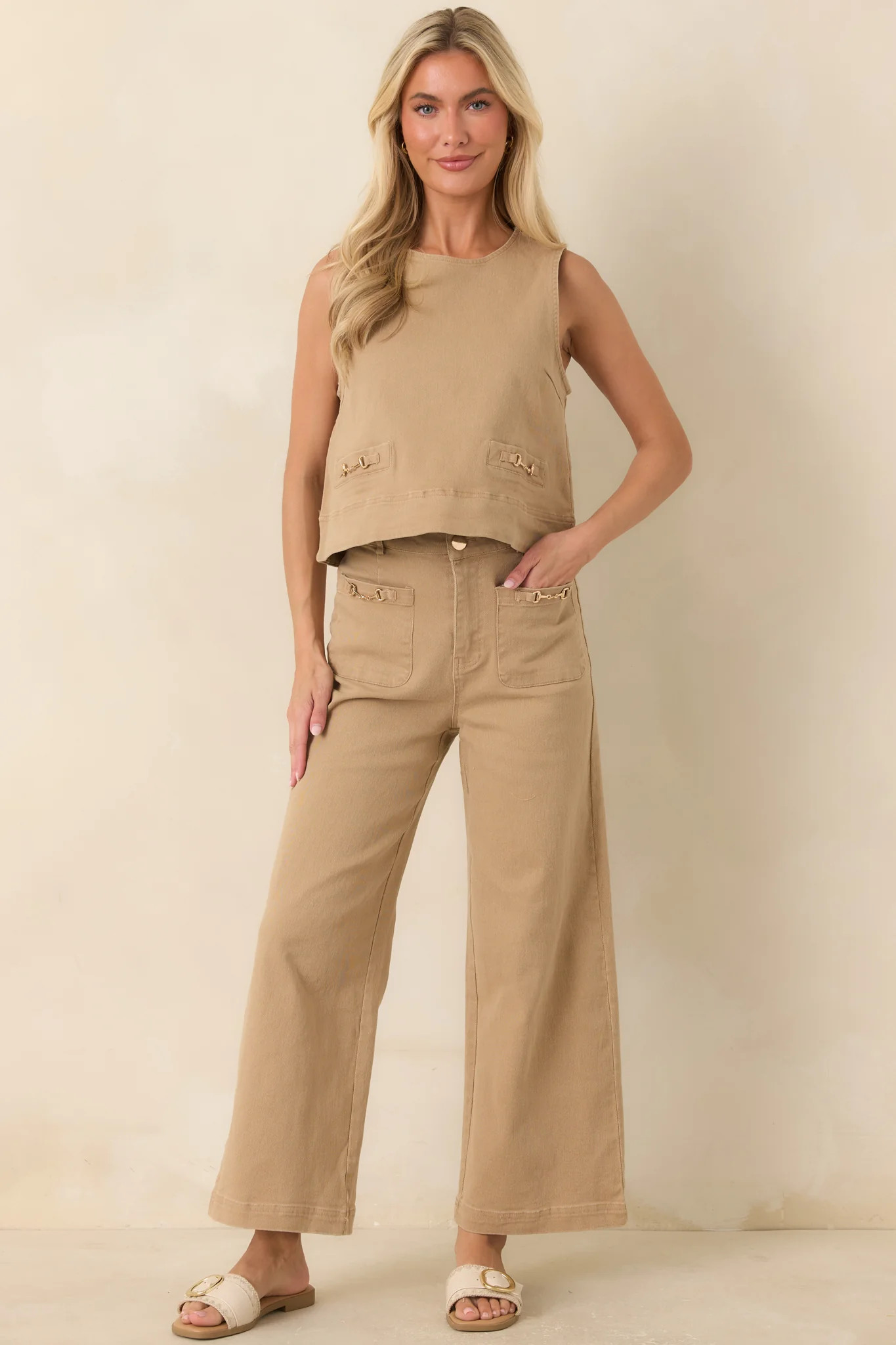 Stable Style Camel Horsebit Accent Sleeveless Denim Top | Red Dress