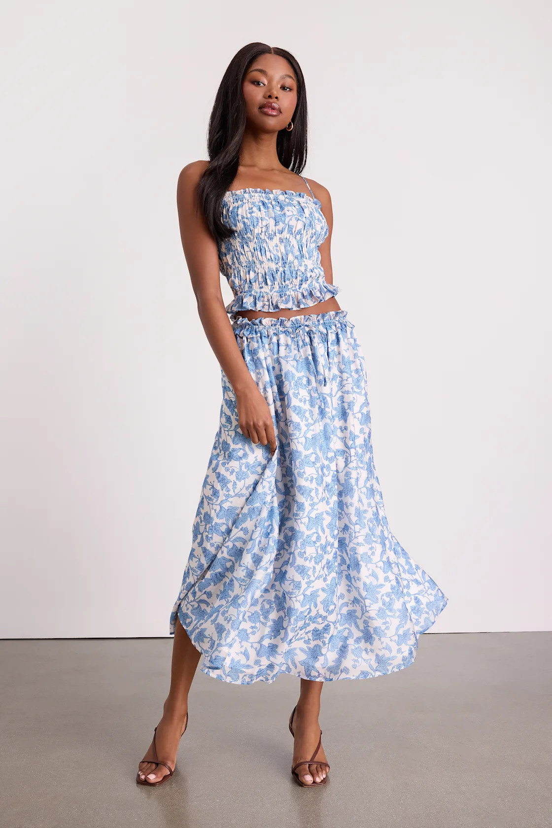 Denarius White and Blue Leaf Print Two-Piece Midi Dress | Lulus