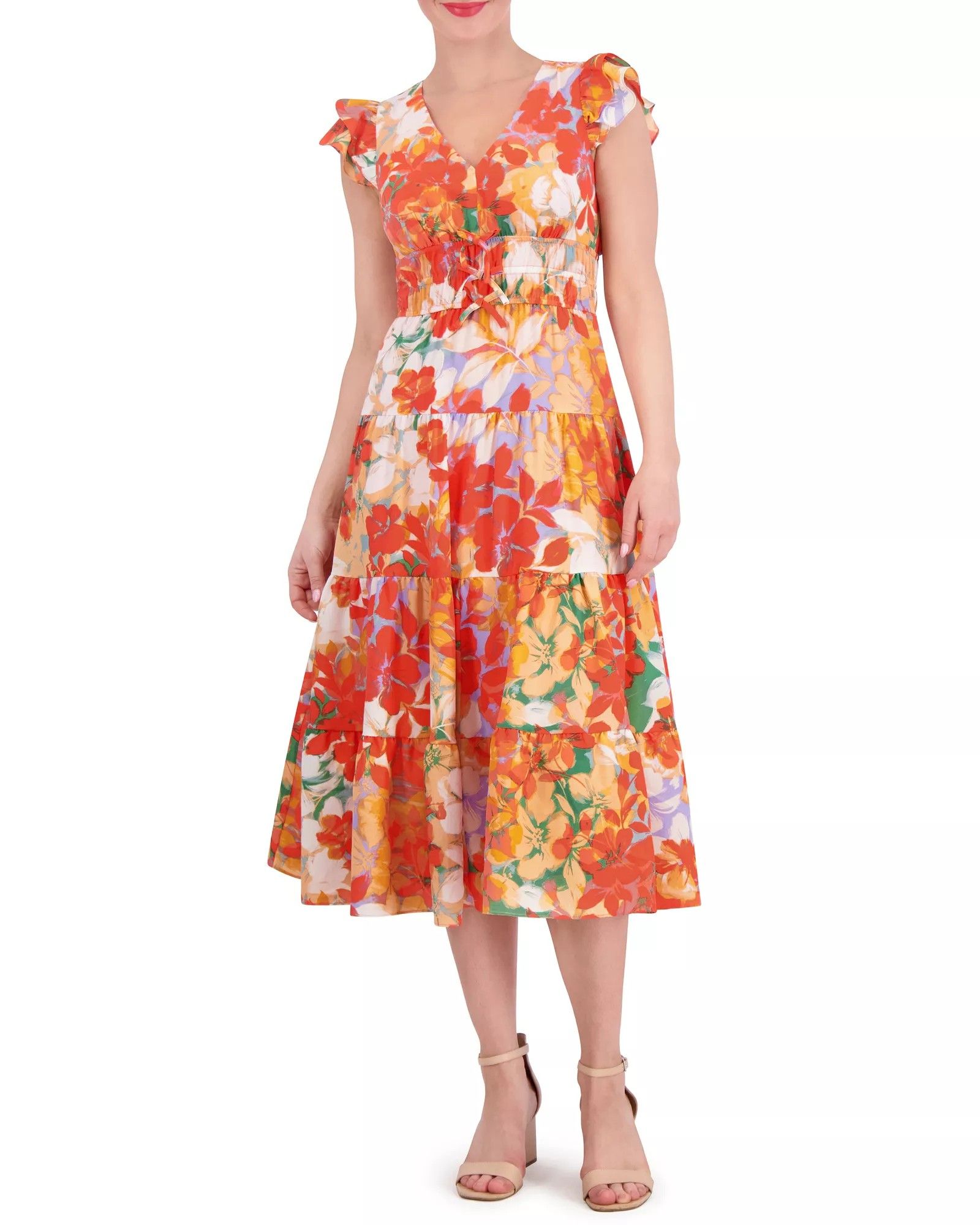 Vince Camuto Floral-Print Tiered-Skirt Midi Dress | Vince Camuto