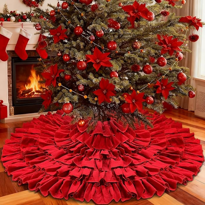 yuboo Red Christmas Tree Skirt 48 inches, Large 6-Layer Ruffle Fluffy Poinsettia Tree Skirt for 5... | Amazon (US)