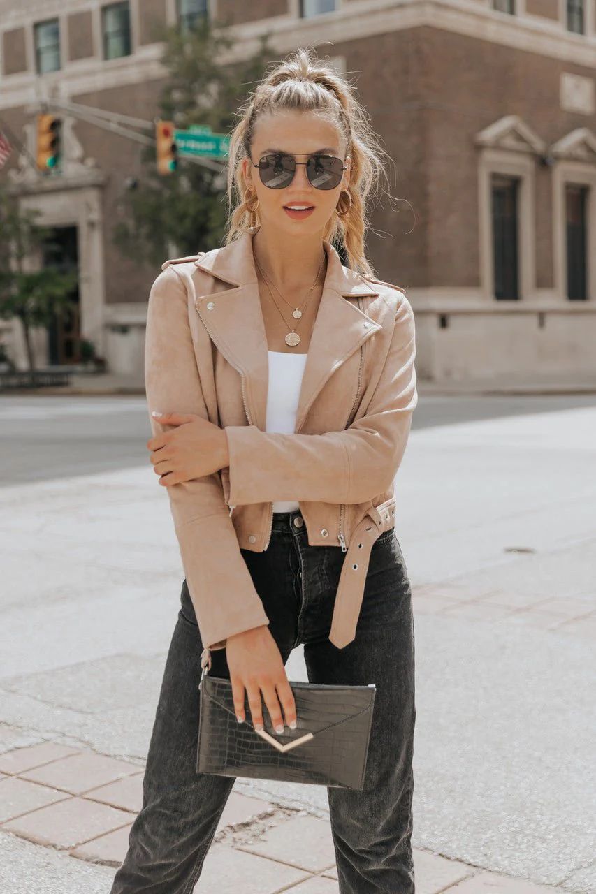 Hallie Vegan Suede Moto Jacket in Light Taupe | Magnolia Boutique