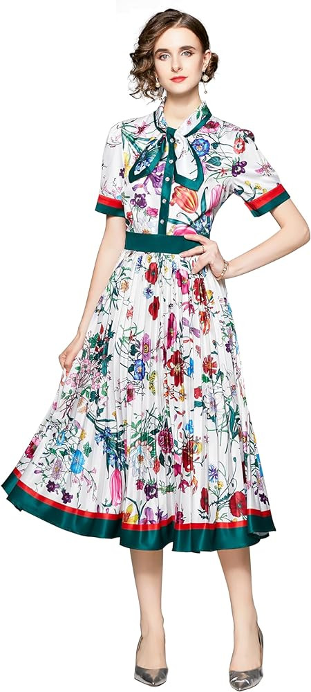 LAI MENG FIVE CATS Women's Short Sleeve Floral Print Button up Casual A-line Flowy Midi Dress | Amazon (US)