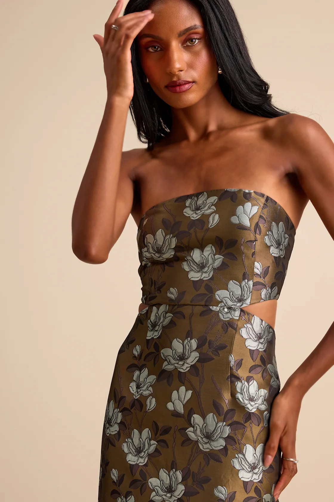 Nathania Olive Floral Jacquard Strapless Bubble-Hem Maxi Dress | Lulus