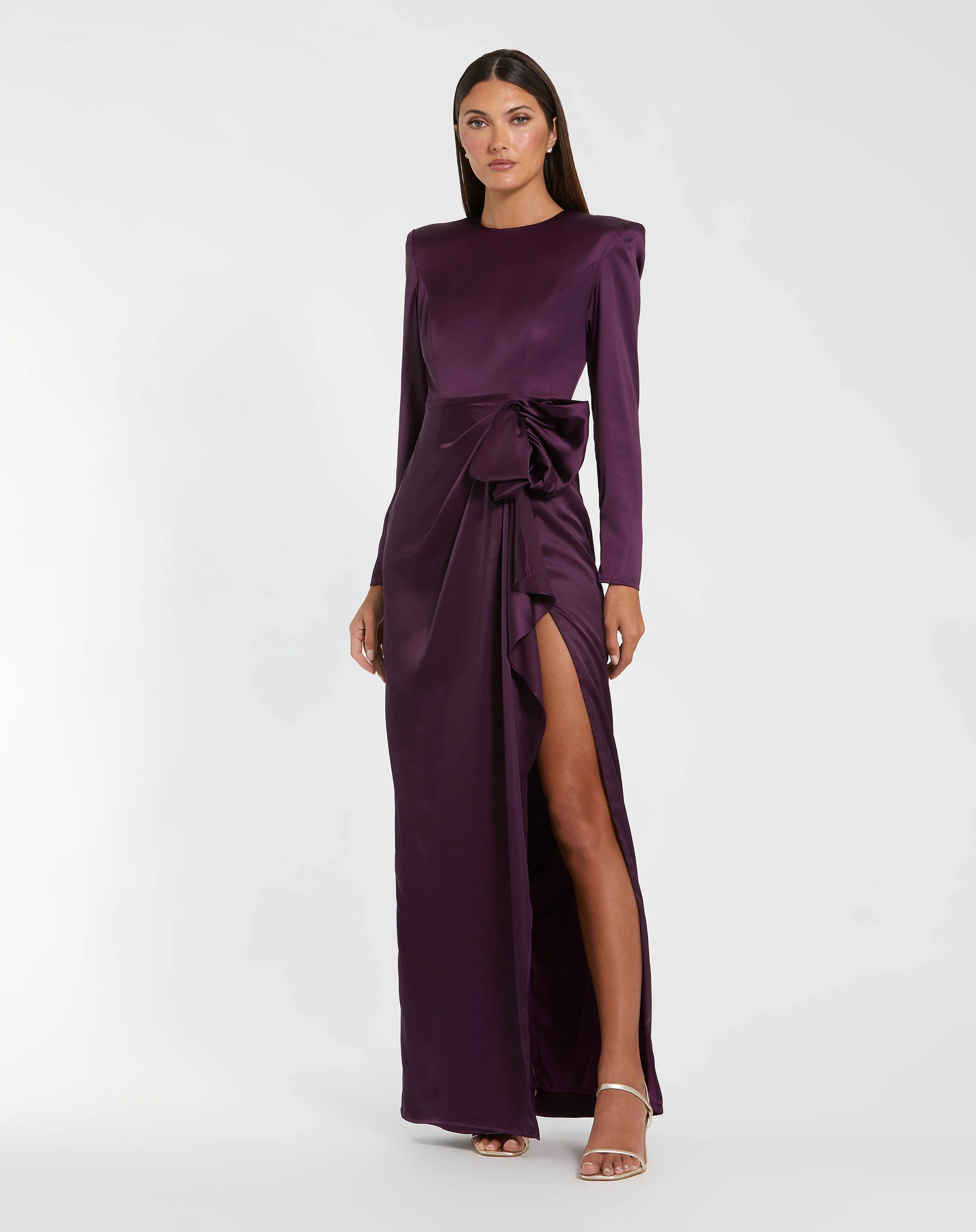 Purple Long Sleeve Structured Bow Draped Column Gown | Mac Duggal | Mac Duggal
