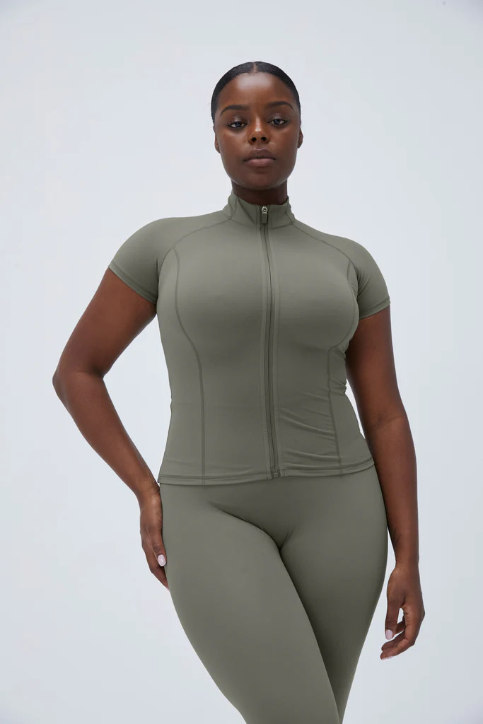 Ultimate Short Sleeve Zip Up Top - Olive Green | Adanola UK