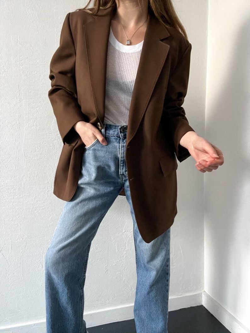 Vintage 70s Brown Topstitch Blazer Single Breasted Oversized | Etsy (US)