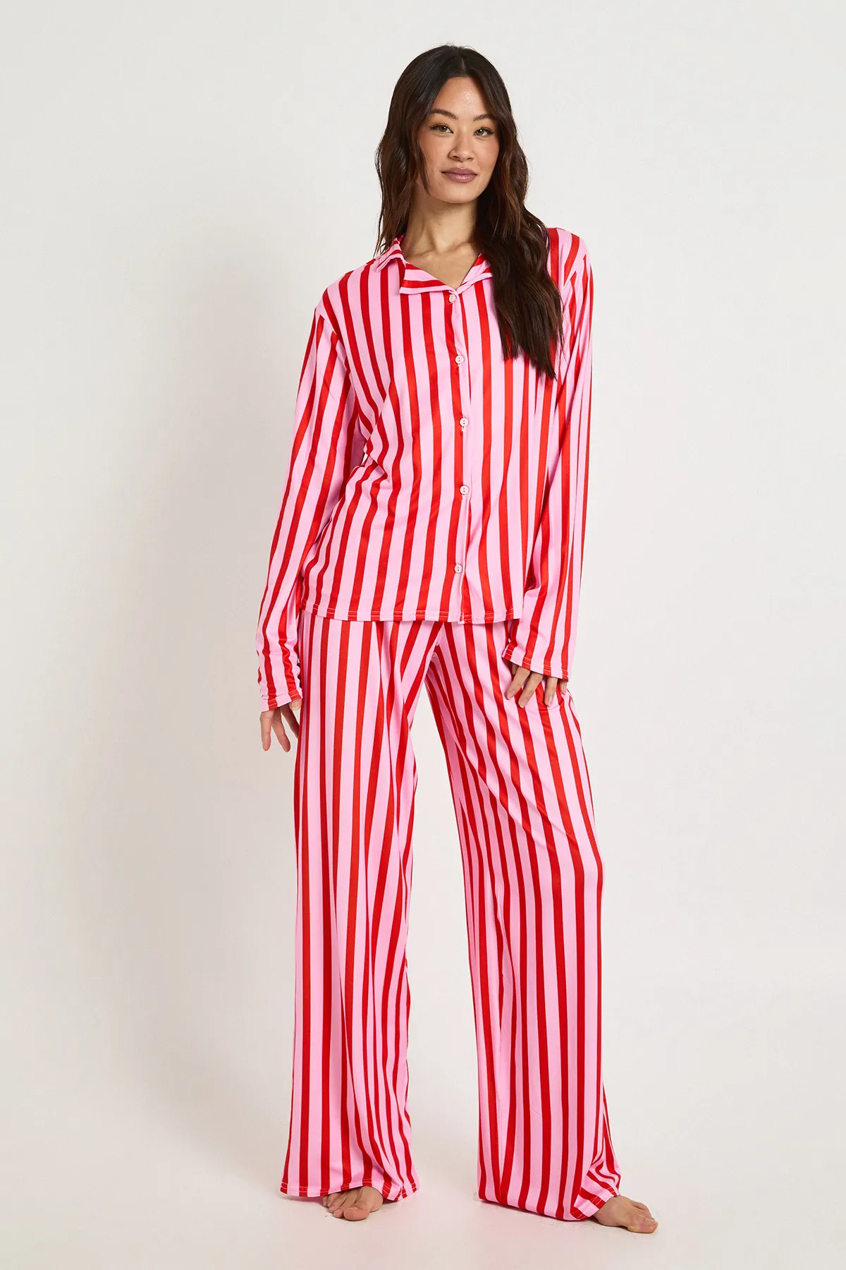 Tall Candy Stripe Long Sleeve Shirt & Trousers Pyjama Set | boohoo (US & Canada)