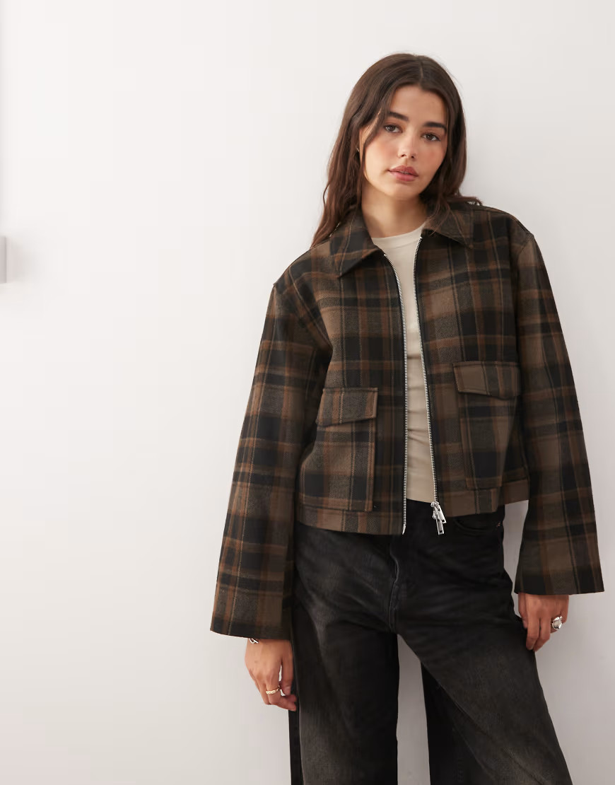 Monki short collared jacket with wool in brown check | ASOS (Global)
