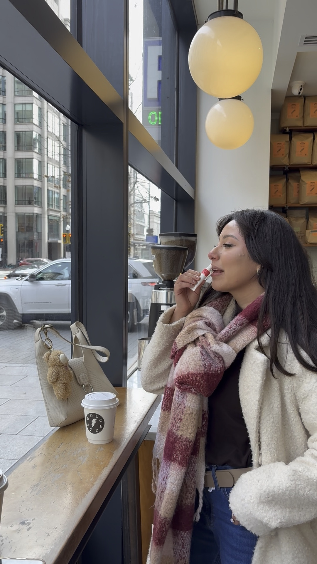 Winter outfits, winter OOTD, winter styles, winter trends, coffee shop outfit, cold weather fashion, lipgloss, scarf, teddy bear charm, purse charms 

#LTKFindsUnder50 #LTKFindsUnder100