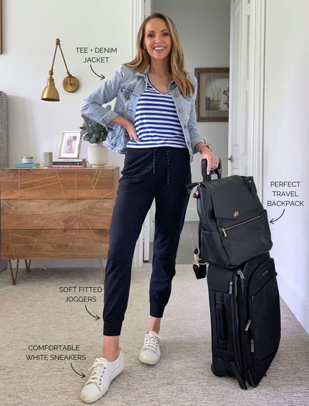 Travel style joggers and denim jacket for vacation, summer, spring, airport, or road trip 

#LTKtravel #LTKfit #LTKSeasonal