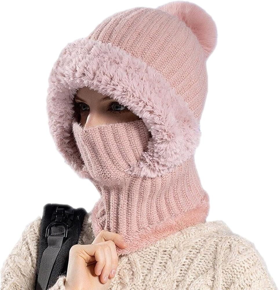 Women’s Knitted Beanie Hat with Face Cover - 3 in 1 Winter Balaclava with Mask Scarf Ear Muffs ... | Amazon (US)