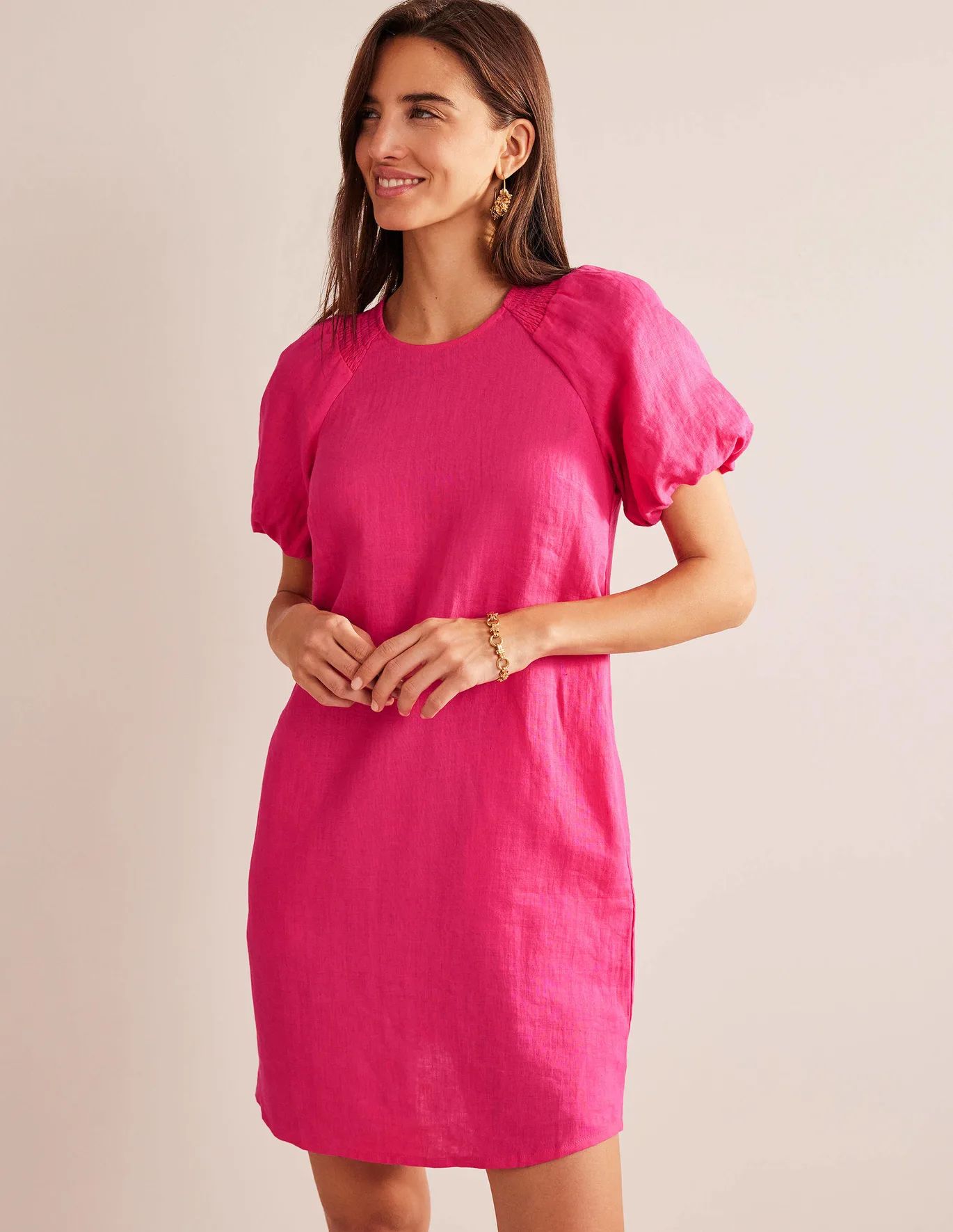 Sleeve Detail Linen Mini Dress - Festival Pink | Boden (US)