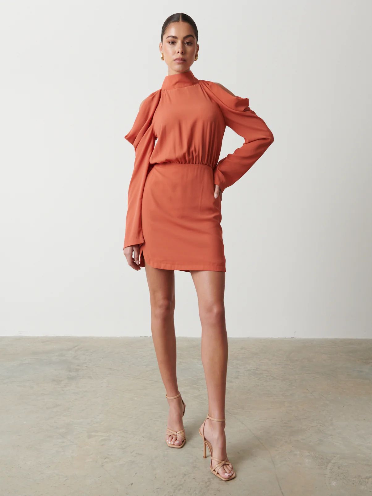 Rosie Cold Shoulder Mini Dress - Terracotta | Pretty Lavish (UK)