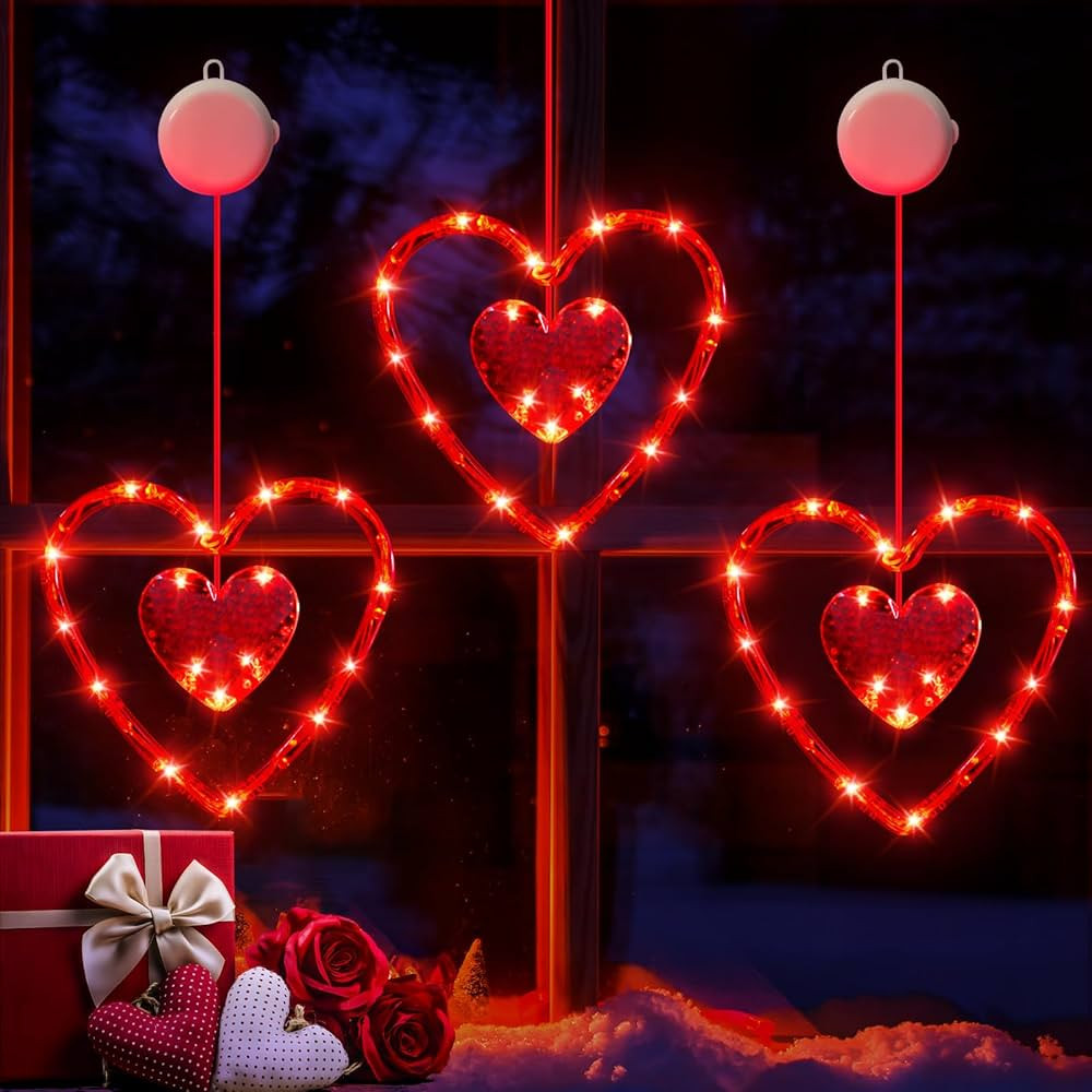 3 Pack Valentines Day Window Lights Decorations with Timer, Battery Powered Hanging Red Lighted H... | Amazon (US)