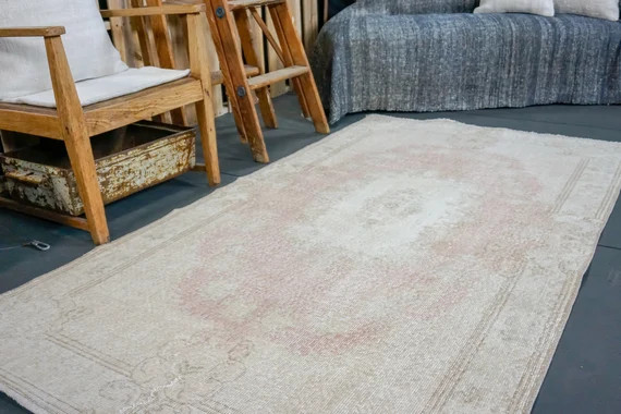 4 X 7 Oushak Rug Pale Pink + White Carpet Farmhouse Style Shabby Chic Vintage Rug | Etsy (US)