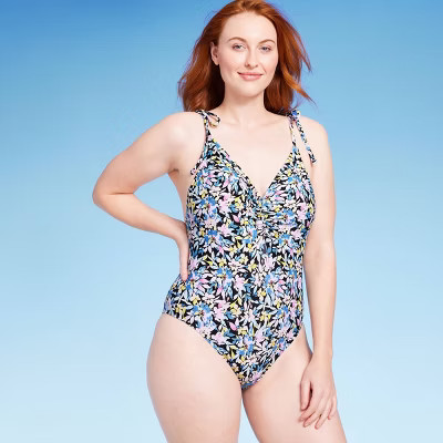 Women's Plunge Shoulder Tie One Piece Swimsuit - Shade & Shore™ Multi Floral Print | Target
