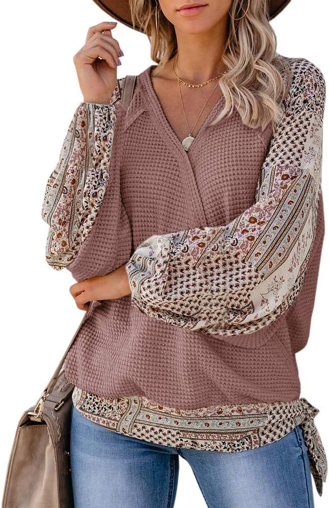 Womens Boho Patchwork Blouse Tops Waffle Knit Wrap Cross Puff Sleeve Tie Knot V Neck Summer Shirt... | Amazon (US)