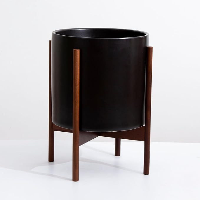 Mid Century Pot with Walnut Wood Stand - 12 inch Indoor Large Ceramic Planter for Plants, Flower,... | Amazon (US)