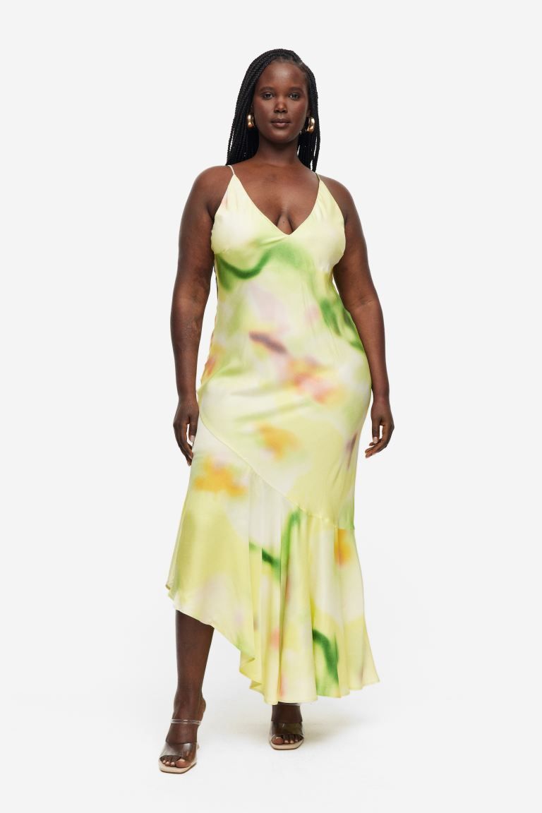 Asymmetric-hem Slip Dress - Lime green/patterned - Ladies | H&M US | H&M (US + CA)