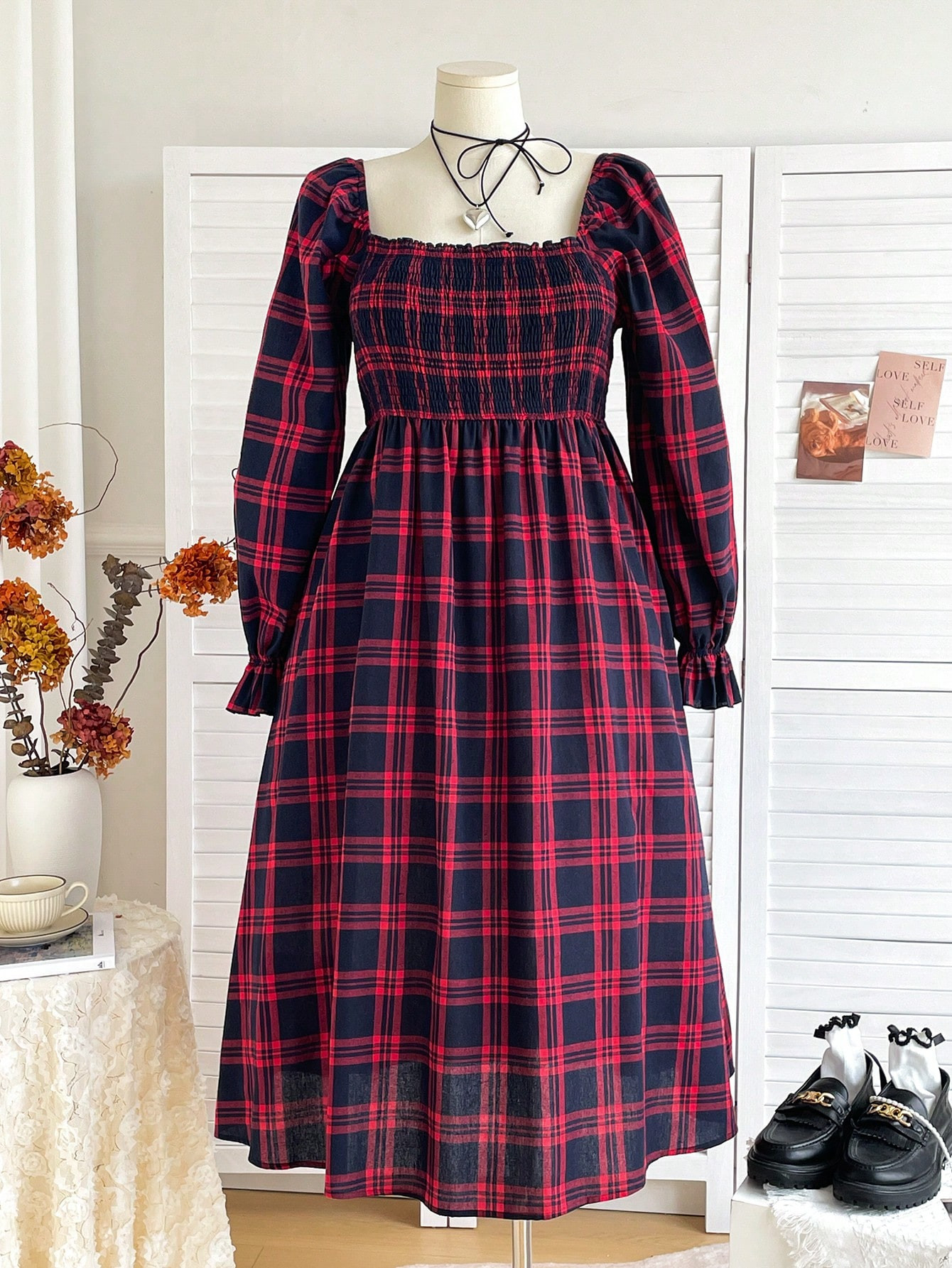 SHEIN WYWH Plus Size Women's Two-Tone Plaid Ruffle Puff Sleeve A-Line Midi Dress | SHEIN