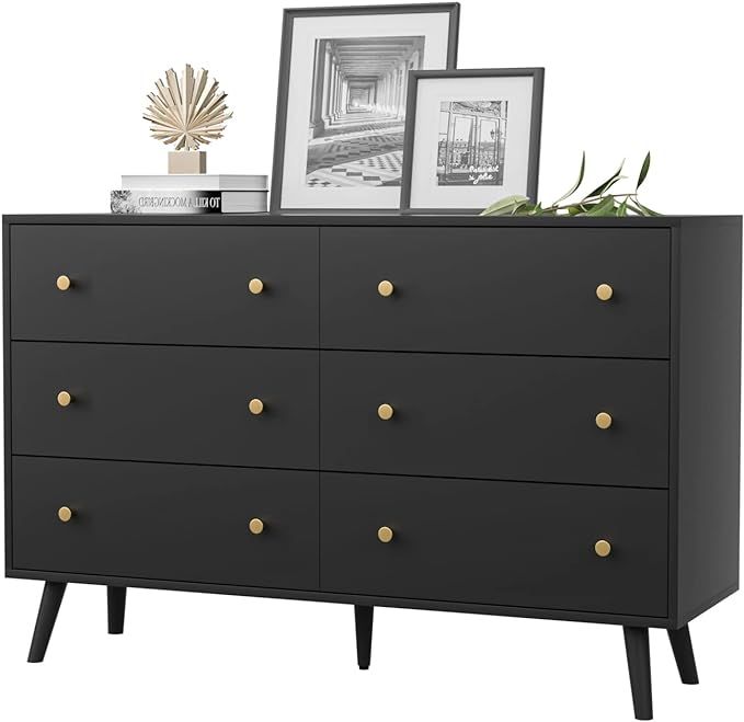 Black Dresser for Bedroom, Modern 6 Drawer Dresser, Wide Chest of Drawers with Gold Handles, Wood... | Amazon (US)