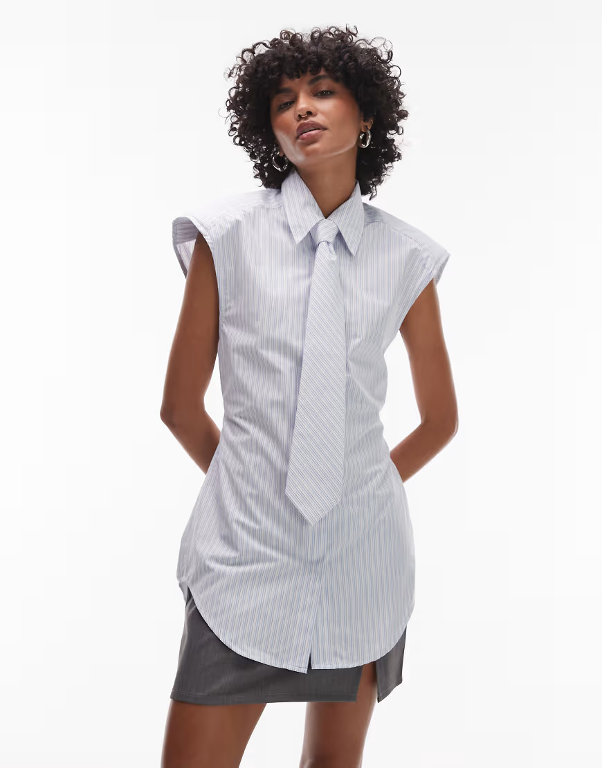 ASOS DESIGN shoulder pad sleeveless shirt with tie in blue stripe | ASOS (Global)