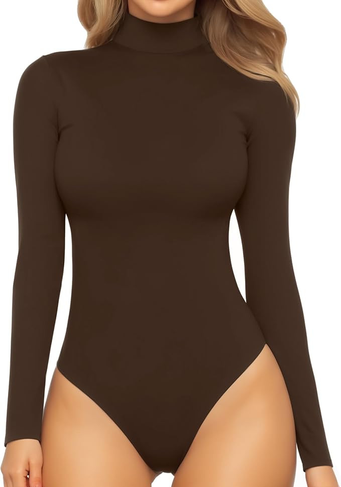 MANGOPOP Women's Mock Turtle Neck Long Sleeve Tops Bodysuit Jumpsuit | Amazon (US)