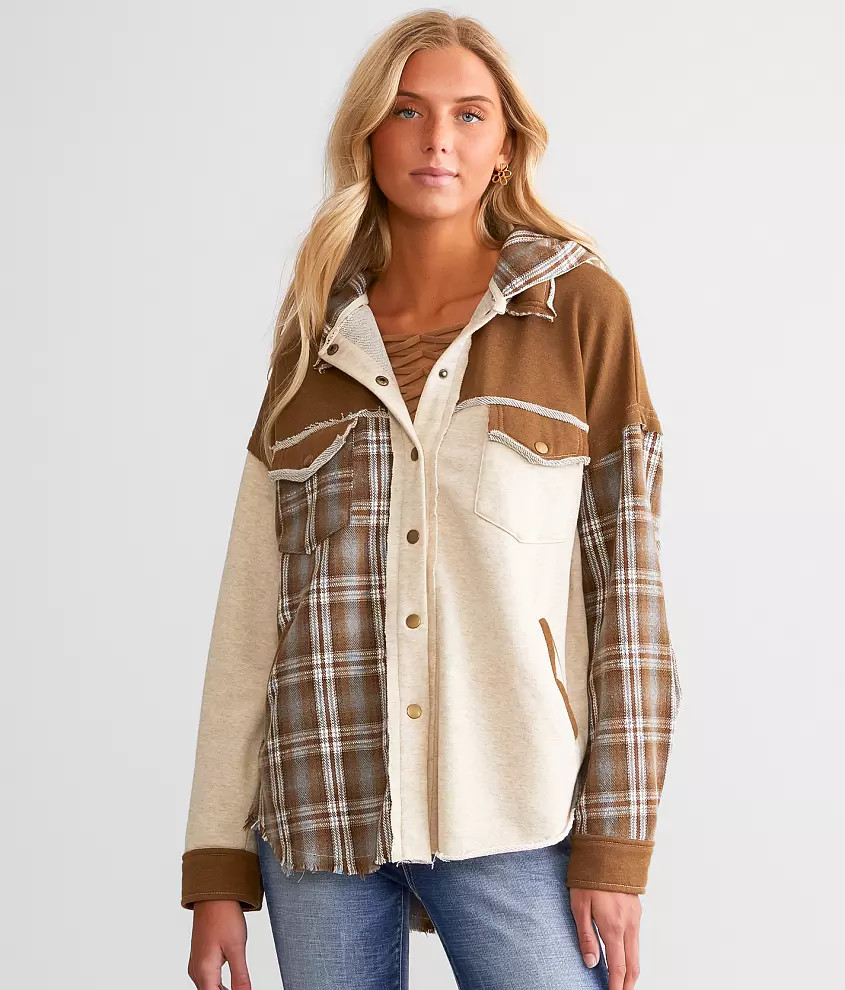 Plaid Pieced Hooded Shacket | Buckle