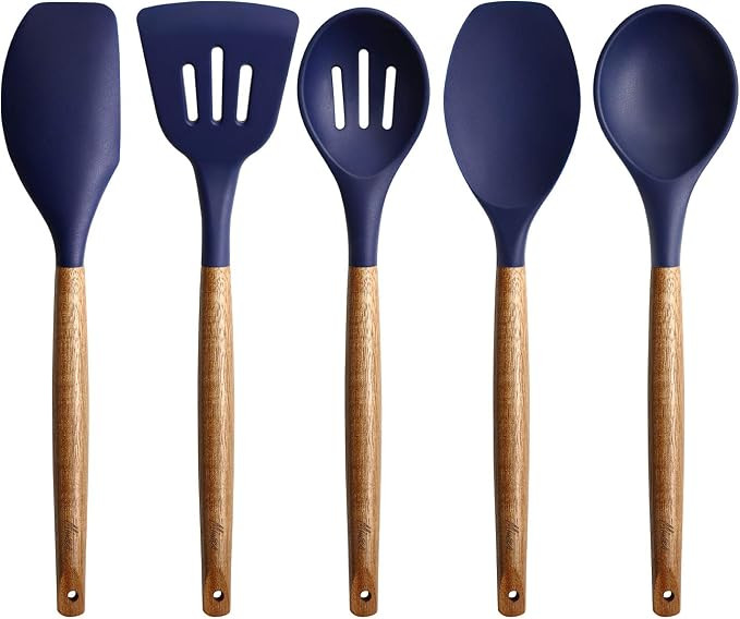 Miusco Non-Stick Silicone Cooking Utensils Set with Natural Acacia Hard Wood Handle, 5 Piece, Mid... | Amazon (US)