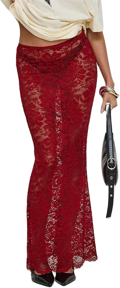 Women Sexy Lace Sheer Maxi Skirt Y2k Floral Lace Mesh Beach Cover-up Long Skirts Fairy Aesthetic ... | Amazon (US)