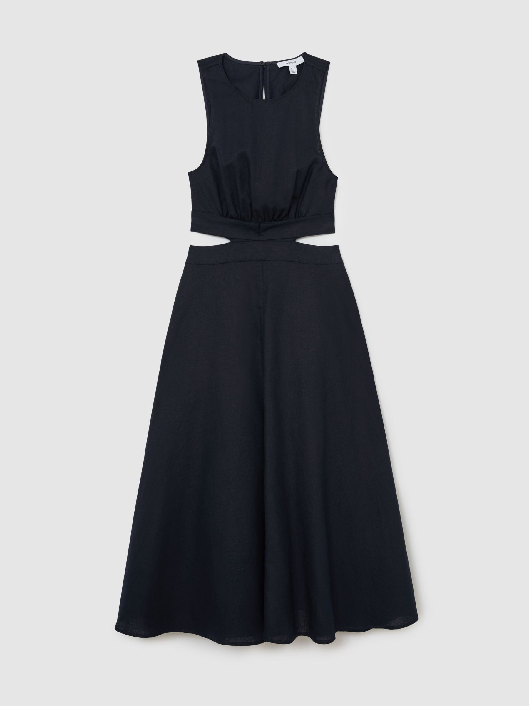 Reiss Linen-Cotton Cut-Out Midi Dress in Navy - REISS | Reiss UK