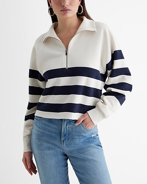 Striped Quarter Zip Boxy Fleece Sweatshirt | Express
