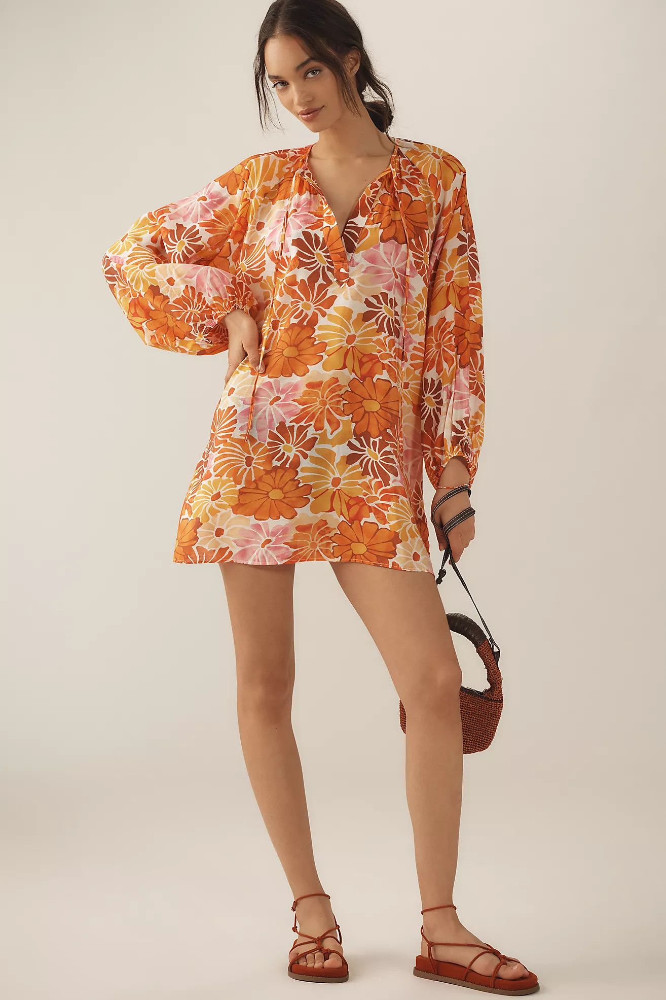 Maeve Tie-Neck Printed Mini Kaftan | Anthropologie (US)