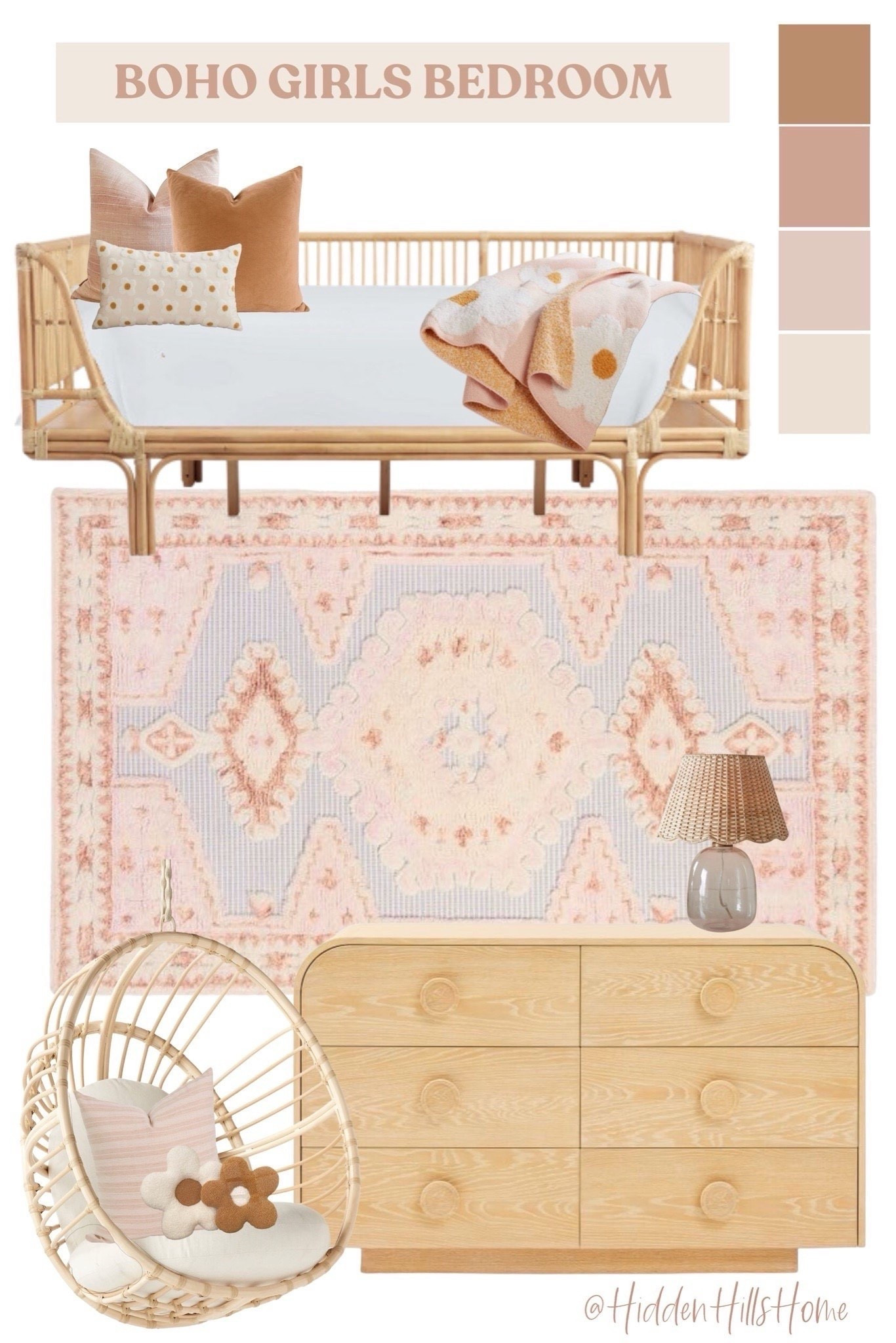 Boho girls bedroom decor, girls room mood board, boho decor, girls room design #girlsbedroom
